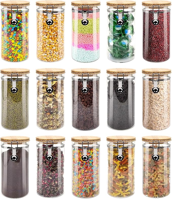 Glass Coffee Grounds Container with Shelf, 2 × 45 oz Glass Coffee Canister with Airtight Locking Clamp,Glass Storage Jars with Metal Spoon for Coffee Bean, Sugar, Nut