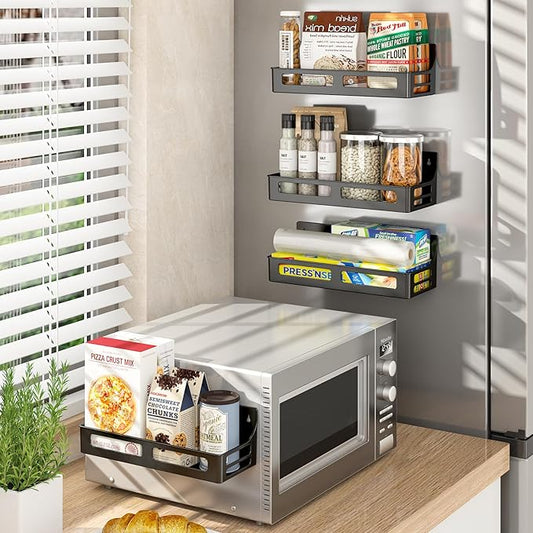 Magnetic Spice Rack for Refrigerator, 4 Pack Premium Plastic Spice Rack Organizer,Magnetic Fridge Shelf Seasoning Rack,Perfect Kitchen Organization and Storage (Black)