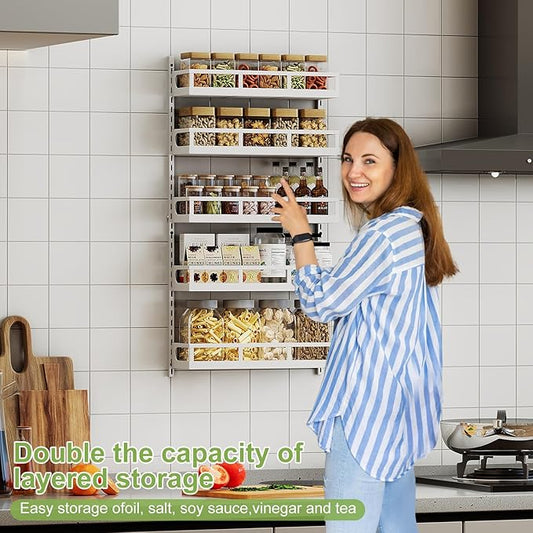 X-cosrack Wall Mount Spice Rack Organizer 5 Tier Height-Adjustable Hanging Spice Shelf Storage for Kitchen Pantry Cabinet Door, Dual-Use Seasoning Holder Rack with Hooks, White