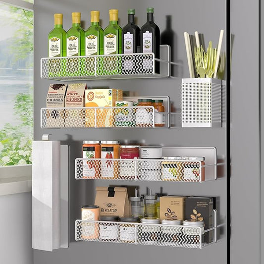 Magnetic Spice Rack for Refrigerator, 6 Pack 100% Metal Strong Magnet Shelf, Space Saving Spice Organizer, Home Kitchen Laundry Room Storage Organization W/ Paper Towel Holder, Utensils Racks (White)