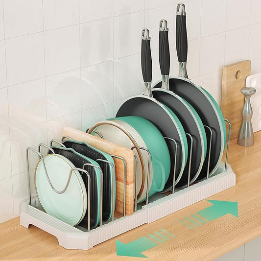 Pots and Pans Organizer for under Cabinet, Expandable Pan Pot Organizers inside Cabinet, Heavy Duty Pot Rack for kitchen organizers and storage Holder with 10 adjustable compartment White