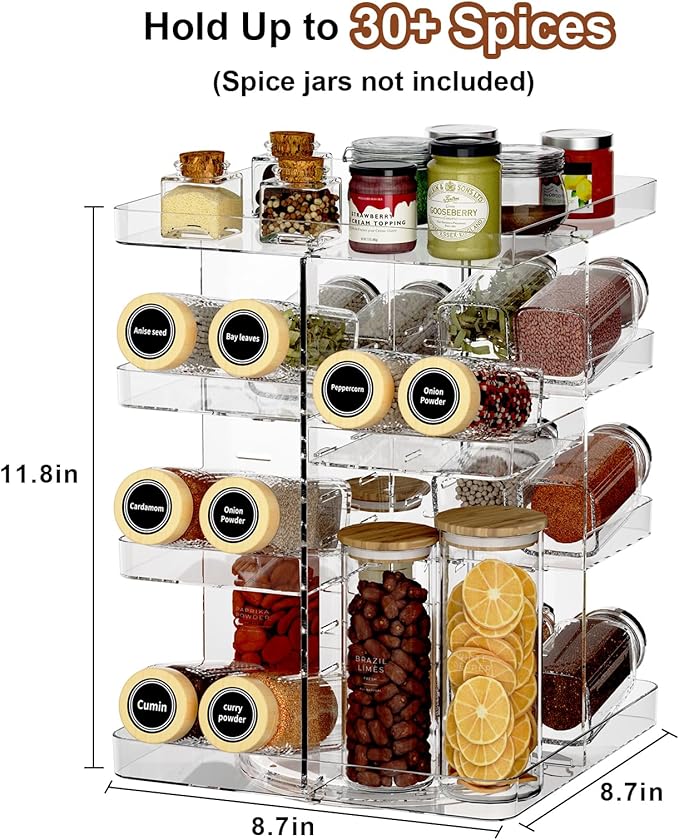 Revolving Spice Rack Organizer for Cabinet, DIY Adjustable 8 Tier Clear Rotating Spice Shelf Countertop, Space Saving Lazy Susan Seasoning Organizer for Kitchen, Pantry Cupboard Storage Turntable