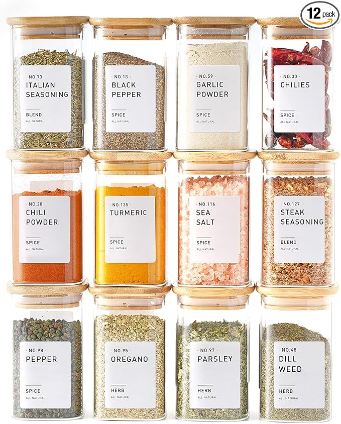 12Pcs Glass Spice Jars with Bamboo Airtight Lids, 8oz Spice Containers with 340 Preprinted Spice Labels of White and Black Color, Empty Seasoning Containers for Spice Salt Sugar Herb