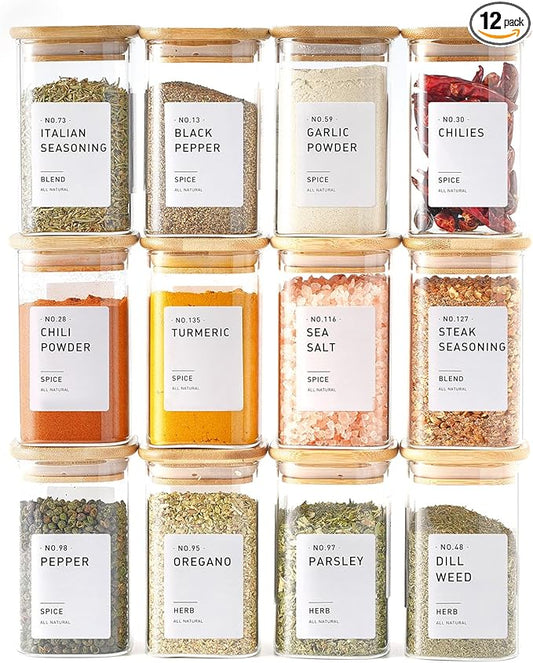 12Pcs Glass Spice Jars with Bamboo Airtight Lids, 8oz Spice Containers with 340 Preprinted Spice Labels of White and Black Color, Empty Seasoning Containers for Spice Salt Sugar Herb