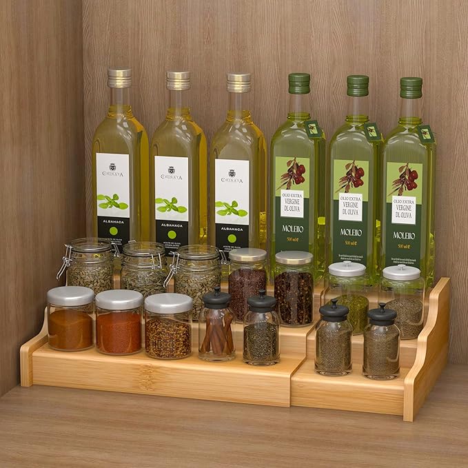 Ruichang 2PCS 3 Tier Expandable Bamboo Spice Rack Seasoning Organizer for Cabinet Pantry Countertop Kitchen Step Shelf
