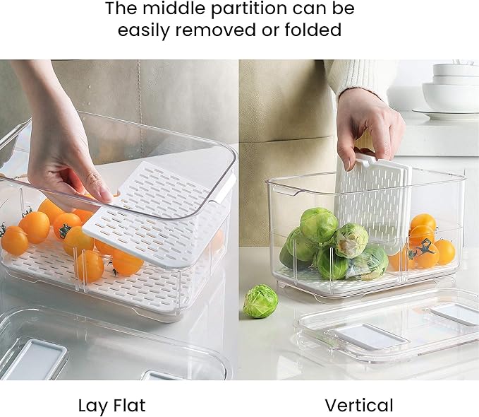 vacane Produce Saver with Folding Lids,2 Piece Fruit Vegetable Storage Container with Vents Stackable Fridge Drawers Organizer Salad Lettuce Keeper For Refrigerator,Bpa-free Fresh Keeper,5.7L&2.8L