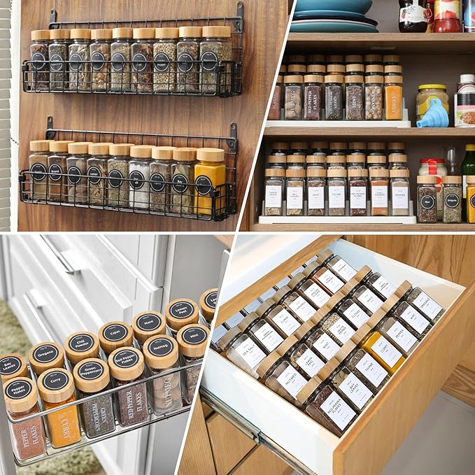 NETANY 36 Pcs Glass Spice Jars with Bamboo Lids, 4 oz Glass Jars with Minimalist Farmhouse Spice Labels Stickers, Collapsible Funnel, Seasoning Storage Bottles for Spice Rack, Cabinet, Drawer