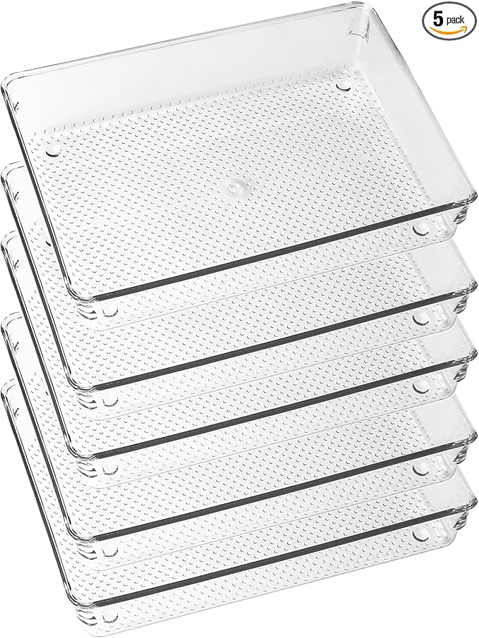 ihomecooker 5 Pack Clear Plastic Drawer Organizer Tray Cutlery Utensil Makeups Drawer Silverware Organizers 6" X 9"