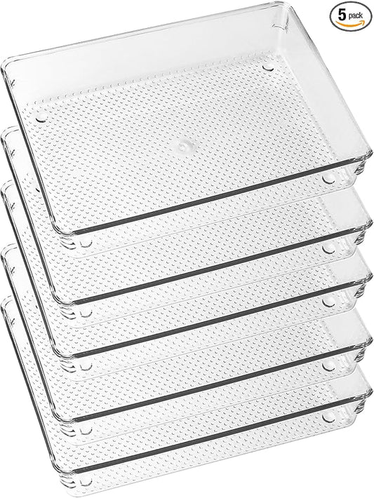 ihomecooker 5 Pack Clear Plastic Drawer Organizer Tray Cutlery Utensil Makeups Drawer Silverware Organizers 6" X 9"