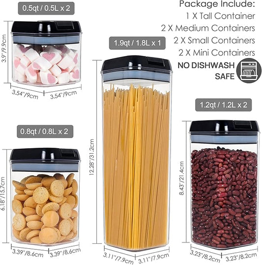 Vtopmart Airtight Food Storage Containers, 7 Pieces BPA Free Plastic Cereal Organizer Canisters with Easy Lock Lids, for Kitchen Pantry Organization, 24 Labels, Black