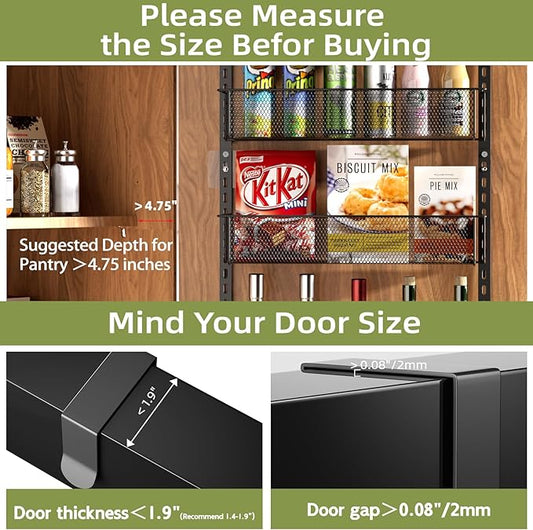 Over The Door Pantry Organizer, 6-Tier Metal Hanging & Wall Mount Spice Rack, Kitchen Storage Room Organization