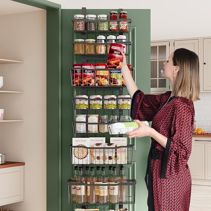 Over The Door Organizer，8-Tier Over The Door Pantry Organizer with Adjustable Baskets，Metal Hanging Pantry Organizers and Storage for Kitchen, Back of Door Seasoning Rack (Black)