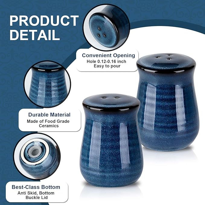 Hasense Ceramic Salt and Pepper Shakers,Navy Farmhouse Salt Shaker set of 2, Vintage Spice Shaker for Compact Cooking,Travel,BBQ, Kitchen and Resturant Decor