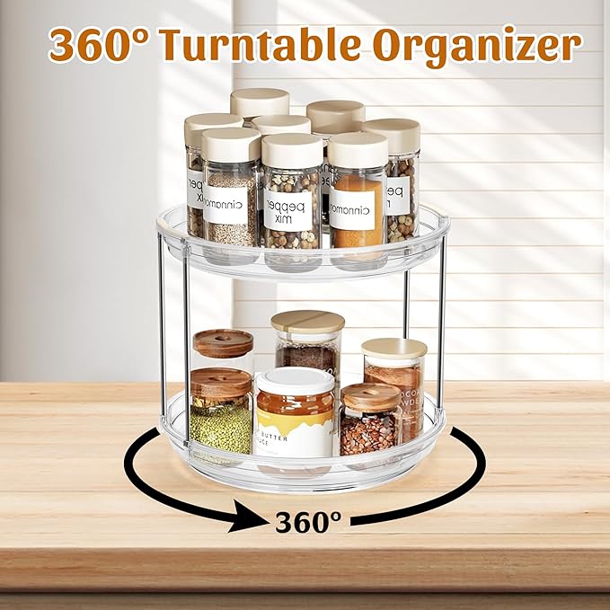 2-Tier Lazy Susan Turntable Organizer, 9.2'' Spice Rack for Cabinet, Rotating Medicine Cabinet for Condiment, Pill Bottle, Kitchen Pantry, Countertop, Bathroom, Makeup