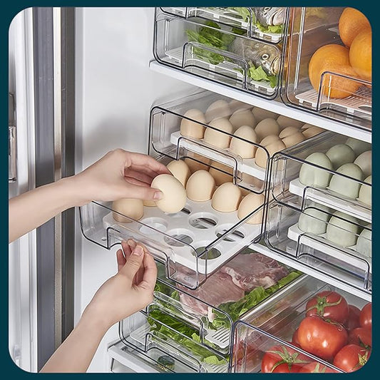 Large Capacity Egg Container for Refrigerator - 32 Eggs, Double Layer Drawer With Removable Tray, Stackable, BPA Free