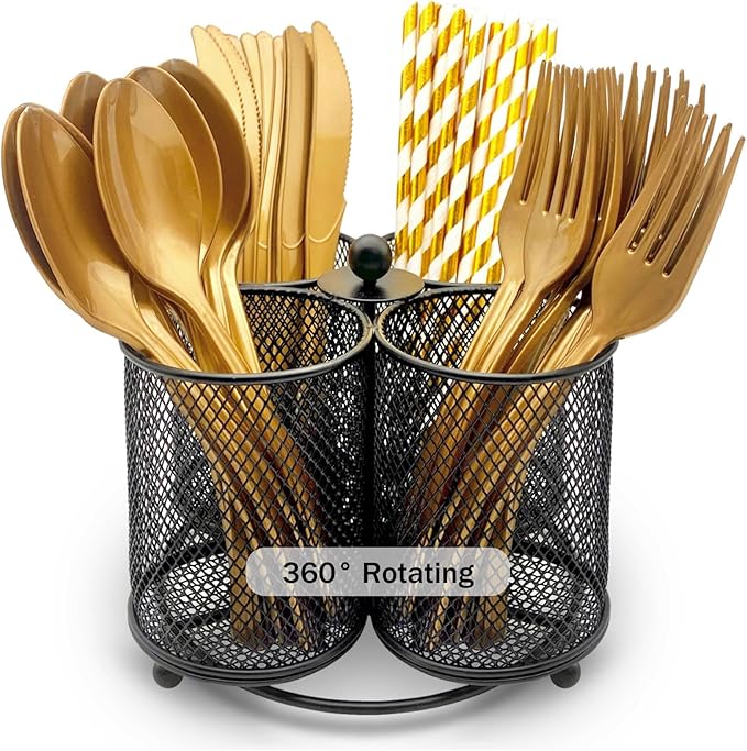 Silverware Holder Utensil Caddy - 360° Rotating Silverware Caddy 4 Compartment Metal Cutlery Organizer Fork Spoon Plastic Flatware Storage Basket Party Countertop Picnic Outdoor Modern Black