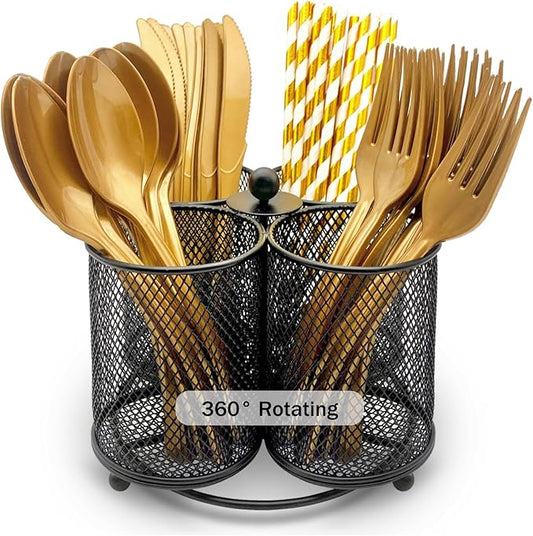 Silverware Holder Utensil Caddy - 360° Rotating Silverware Caddy 4 Compartment Metal Cutlery Organizer Fork Spoon Plastic Flatware Storage Basket Party Countertop Picnic Outdoor Modern Black