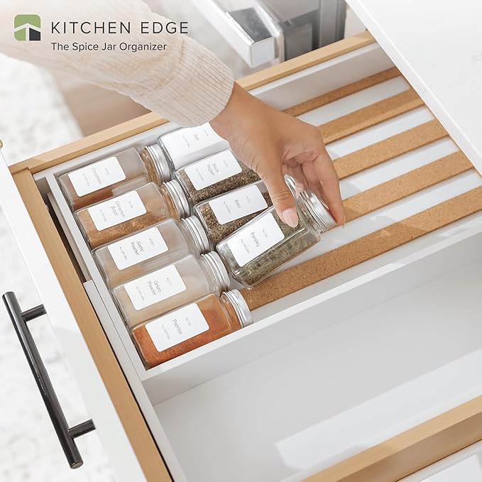 Spice Drawer Organizer with Expandable Storage. Holds up to 15 Spice Jars (Not Included), Non-Slip Feet, Kitchen Accessory Storage, 100% Sustainable Bamboo Wood (White Bamboo)