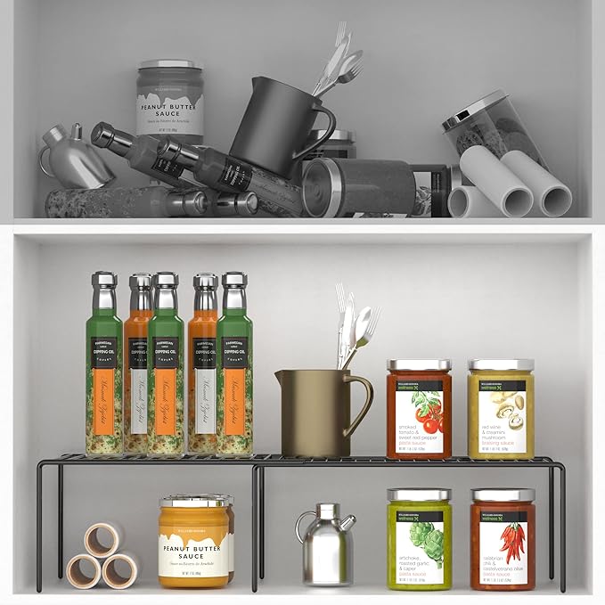 Redrubbit Cabinet Storage Shelf Rack, Expandable Metal Rustproof Kitchen Counter and Cabinet Shelf, Storage Rack Organizer Space Saver for Kitchen, Fridge, Cabinet, Bathroom, Black, Set of 6