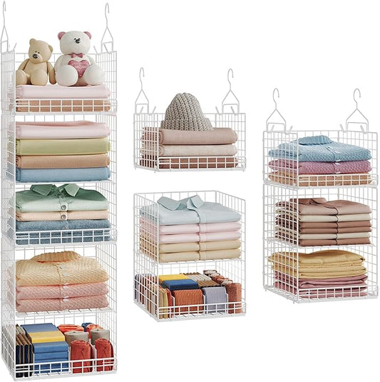 ﻿5 Tier Hanging Closet Organizer Separable Hanging Closet Shelves with 4 Hooks 2 Adjustable Dividers, Wire Storage Basket Bins for Clothing Sweaters Socks Dolls Handbags, Foldable