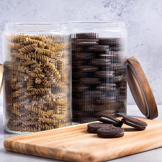 Mason & Fable Ribbed Glass Jar with Wooden Lid 70fl.oz- Set of 2 | Airtight Fluted Storage Container for Cookies, Pasta, Coffee, Dog Treats, Snacks | Organization Canisters for Home & Kitchen