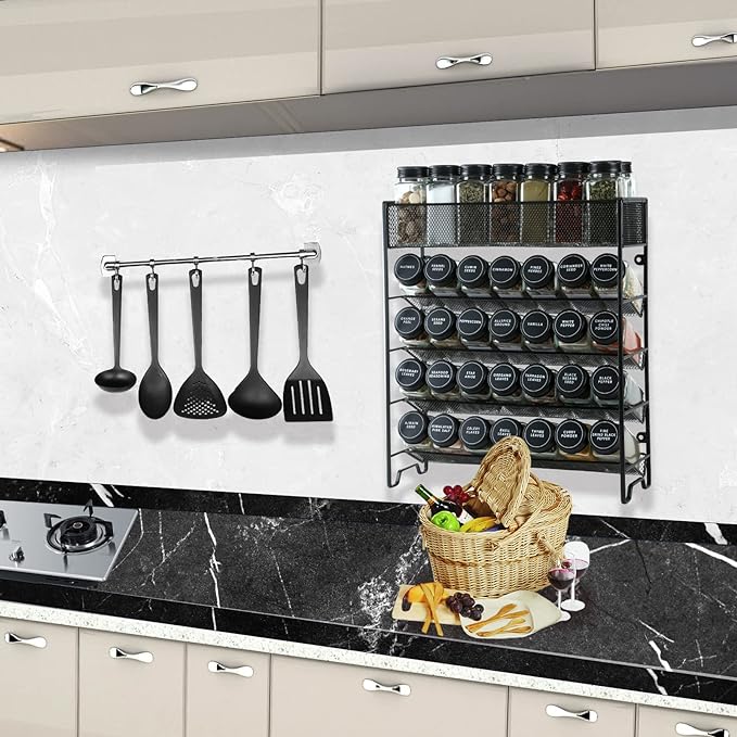 Spice Rack Organizer with 28 Spice Jars, Black Lids，Spice Labels, Chalk Marker and Funnel Set for Cabinet, Countertop, Pantry, Cupboard or Wall Mount
