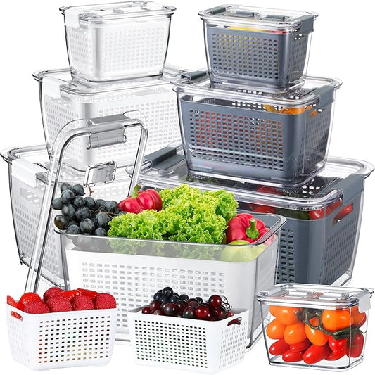 Zopeal 6 Pack Fruit Storage Containers for Fridge Produce Saver Containers for Refrigerator Fruit for Fridge Keep Fresh with Lids Colander and Dividers for Salad Berry Vegetable(White, Gray)