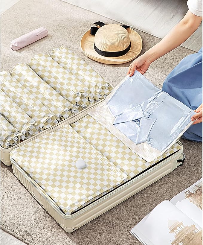 14 Pack Vacuum Storage Bags,Vacuum Seal Bags for Clothing with Hand Pump, 2 Jumbo+4 Large+3 Medium+5 Small, 80% Space Saver Bags for Luggage,Comforters,Blankets, Home Travel Essentials(Khaki Check)