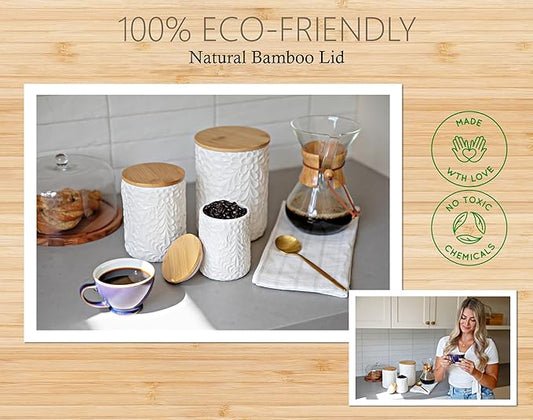Engraved Design Kitchen Canisters Set of 3 with 74 Oz, 36 Oz, and 18 Oz - White Storage Jars for Countertop with Airtight Bamboo Lids - Large Flour Tea Coffee Sugar Spices Container - Decorative