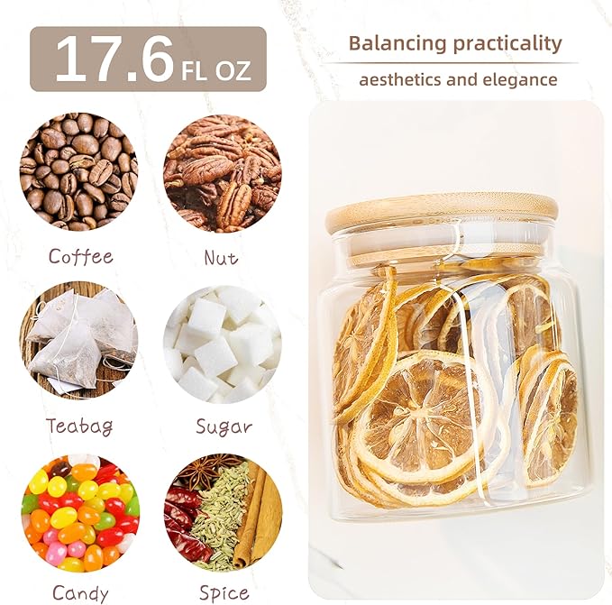 17.6 fl oz Glass Storage Containers With Lids, Candy Jar, Food Storage for Kitchen Counter, Pantry, Decorative Container for Coffee, Sugar, Tea, Cute Glass Jar (Bamboo 17.6 FL OZ)