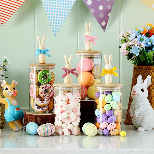 Nitial 4 Pcs Easter Glass Jar with Cap Bunny Ear Egg Clear Candy Jar Decorative Food Storage Canister with Airtight Ceramic Lid for Eater Party Tea Cookie Table Decoration (22 oz,Wooden Rabbit)