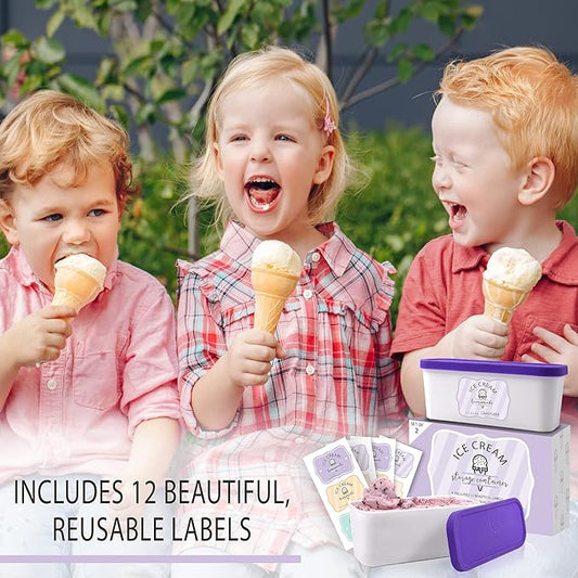 Set of 2 Reusable Ice Cream Tub Containers 1.6 Quart Ea. - Perfect for Homemade Sorbet, Frozen Yogurt Or Gelato - Stackable Storage Containers, Stickers And Lids Stores Easily In Freezer