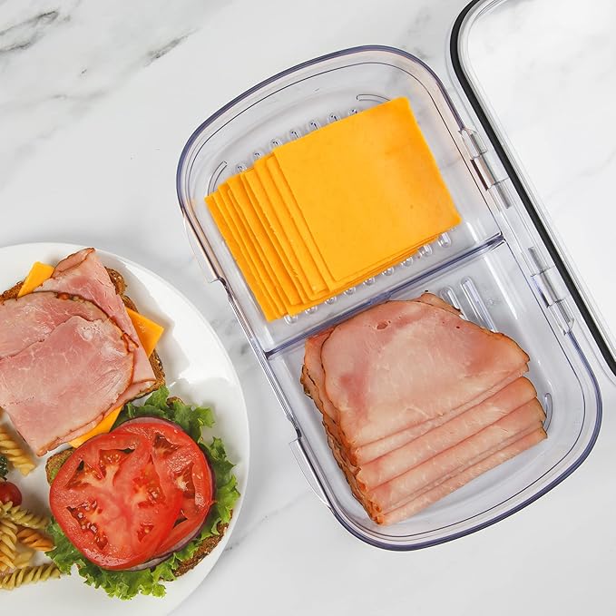 Progressive Prokeeper + Deli Storage Set: Air-Tight Silicone Sealed Containers w Grooved Bottom, Dry Erase Lid, BPA-Free, Stackable, Keeps Meats & Cheeses Fresh Longer, PKS-710C Split Deli 1.6L