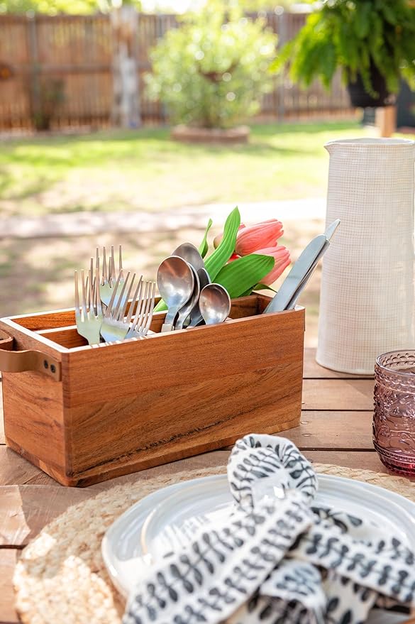 Karma Acacia Silverware Leather Handles Wooden Napkin and Utensil Caddy, One size, Brown