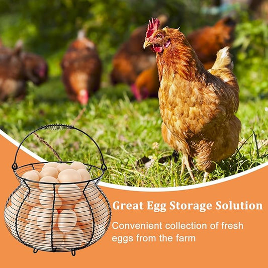 1 PCS Black Big Belly Wire Egg Baskets for Fresh Egg With Handle, Small Metal Egg Collecting Basket for Gathering Fresh Eggs, Chicken and Duck Eggs Hunting Basket Egg Holder Countertop