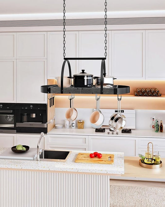 Hanging Pot Rack, Pot Hanger for Kitchen, Ceiling Mounted Pot Holder, Cookware Organizer with 12 S-Shaped Hooks, for Pot, Pan Storage, Space-Saving, Charcoal Black and Black TPR08BCC1