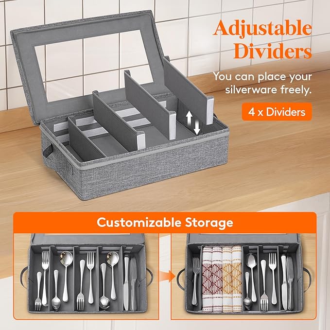 Lifewit Silverware Storage Box, Flatware Organizer with Zipper Lid, 5 Compartment Cutlery Case with Adjustable Divider and Handle, Utensil Container for Spoon Fork Knives Tableware, Gray, 1 Pack