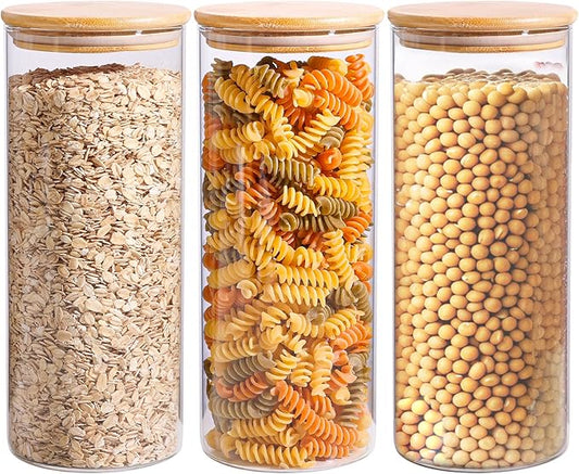 ComSaf 56oz Glass Storage Containers with Lids, Glass Jars with Lids, Clear Food Storage Jar, Round Canister Set of 3, Pantry Organizers for Pasta Flour Cookie Rice Tea Coffee Bean