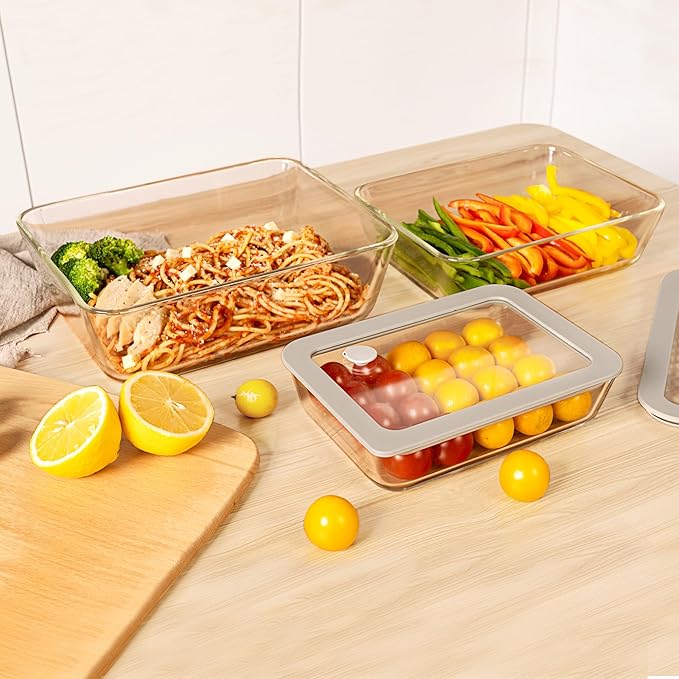 Glass Food Containers with Glass Lids, 3 Pack of Large Size, Microwave Safe Meal Prep Containers