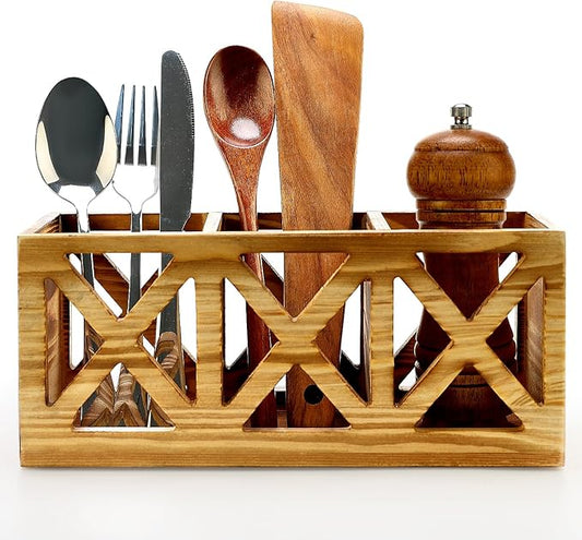 Wooden Cutlery Silverware Holder Flatware Caddy Wood Utensil Organizer for Kitchen Counter Decor Small Silverware Countertop Spoon and Fork Holder Table Utensil Caddy for Party Cutlery Basket