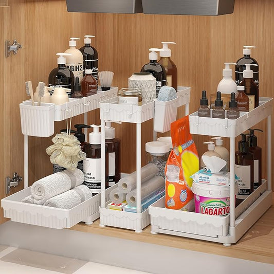 3 Pack Under Sink Organizers and Storage L-Shaped, 2 Tier Sliding Bathroom Organizers with Hooks Hanging Cup, Multi-purpose Cabinet Organizers for Kitchen Bathroom, White