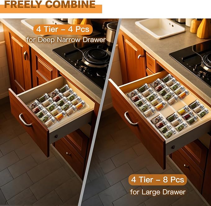 Spice Drawer Organizer, 4 Tier Clear Acrylic Drawer Seasoning Organizer Rack, Kitchen Seasoning Jars Drawers Insert, Expandable 11" to 22" Spice Rack Tray for Cabinet/Countertop (Jars Not Included)