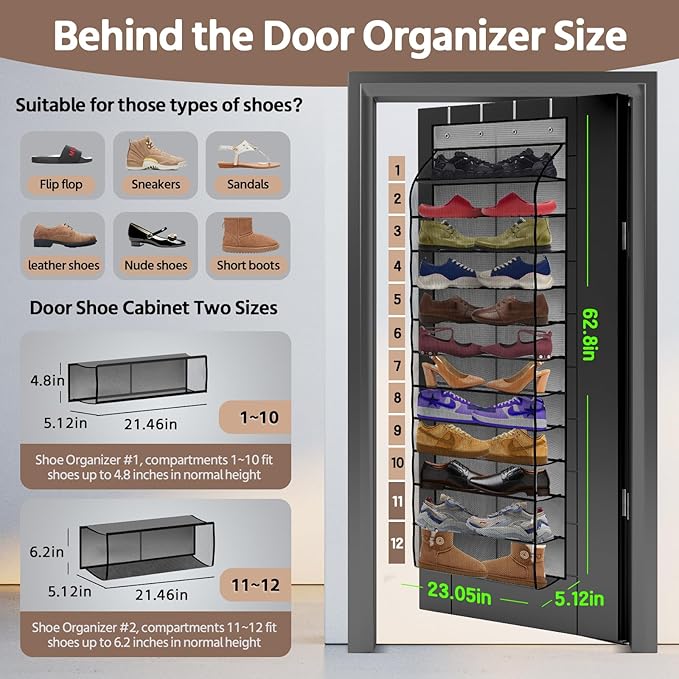 12 Pocket Over the Door Shoe Organizer,Reusable Breathable Large Mesh Bag Men's & Women's Sneaker Organizer,Shoe Organizer for Kids,Hanging Shoe Storage Hanging Bag (Gray)