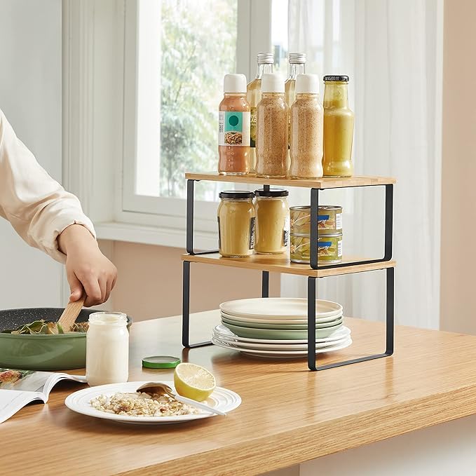 SONGMICS Bamboo Shelf Organizers and Spice Racks Bundle, 2 Sets of 2 Cabinet Organizers, for Kitchen Organization, Natural and Black UKCS02NB and UKCS016N01