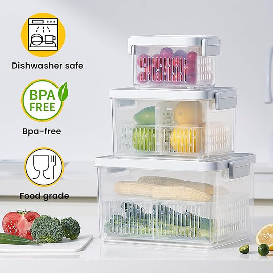 vacane Produce Saver, Fruit Storage Containers Produce Containers Berry Containers with Colanders, 3.8 Cup