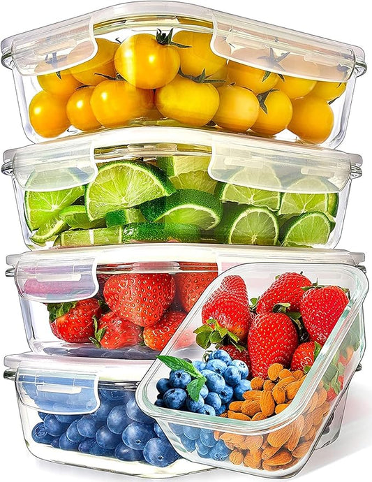 PrepNaturals 5 Pack 36 Oz Glass Meal Prep Containers - Dishwasher Microwave Freezer Oven Safe - Glass Storage Containers with Lids