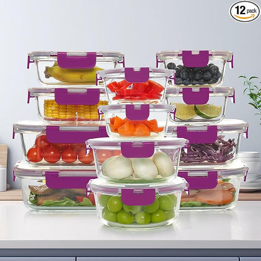 UMEIED 12 PACK Glass Food Storage Containers with Leak Proof Lids, Glass Airtight Meal Prep Containers Set for Lunch, On the Go, Leftover, Kitchen Pantry Organizers and Storage (Purple)
