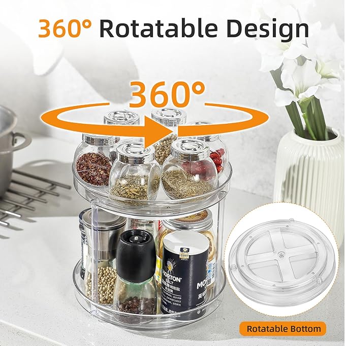 2 Tier Lazy Susan Organizer, 11 Inch Clear Lazy Susan Turntable for Cabinet, Pantry Organization and Storage, Spice Rack for Bathroom, Kitchen, Vanity, Makeup Organizer, Fridge(2 Tier)