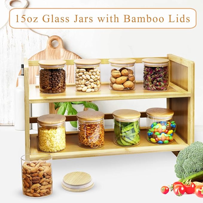 15oz Glass Jars with Airtight Bamboo Lids, Small Food Storage Containers, for Kitchen Pantry Organization Tea Coffee Candy Cookies Nuts（9 Pack）