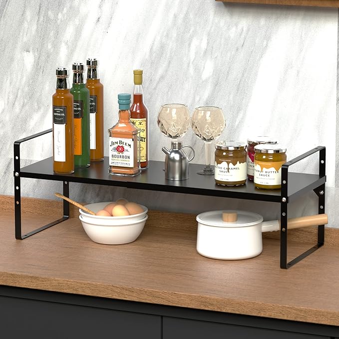 Expandable Kitchen Cabinet Shelf Organizers, Stackable Metal Pantry Storage Shelves Rack, Adjustable Counter Spice Shelf for Cabinets, Countertop, Cupboard Organizers and Storage, Black